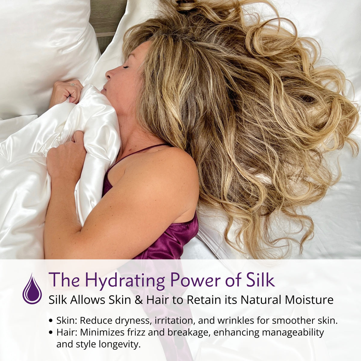 Woman sleeping on white silk sheets, showcasing silk’s hydrating benefits for skin and hair