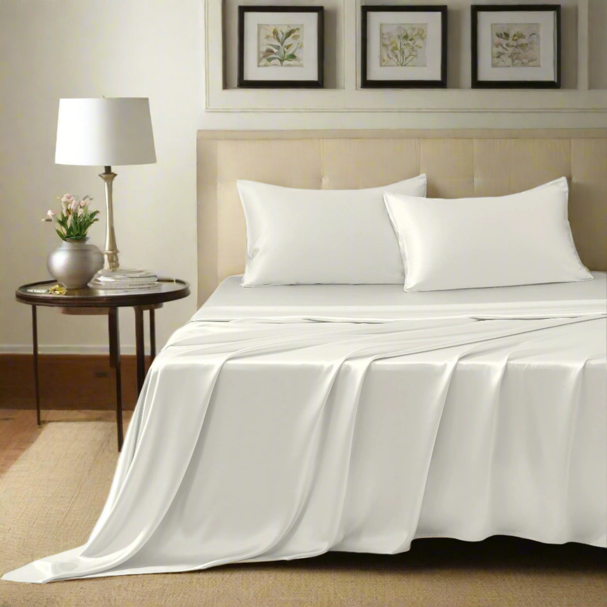 Luxurious 19 momme mulberry silk sheets with pillowcases, offering a soft, smooth, and glossy finish