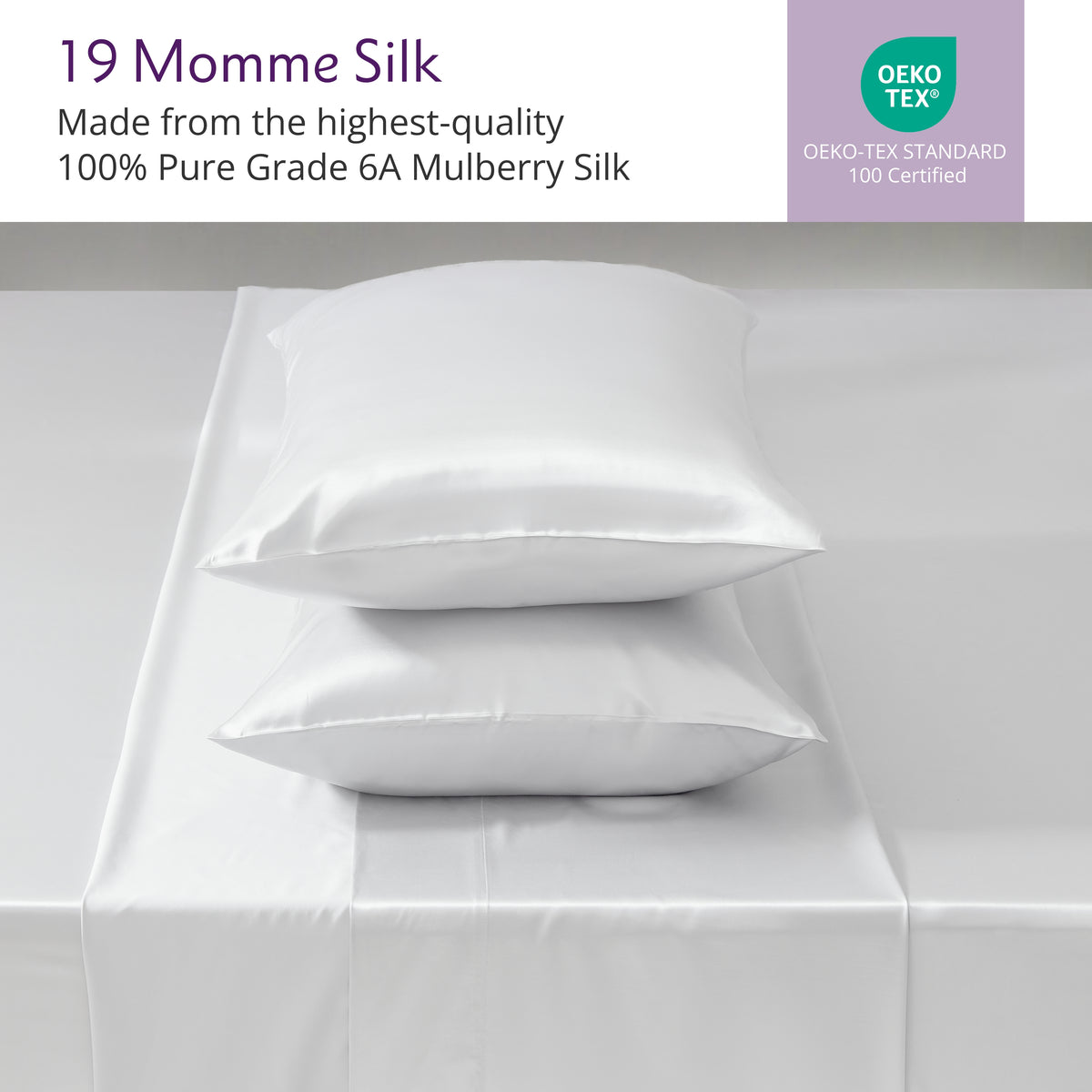 Close-up of smooth, white silk sheets made from 19 Momme 100% pure mulberry silk, OEKO-TEX certified