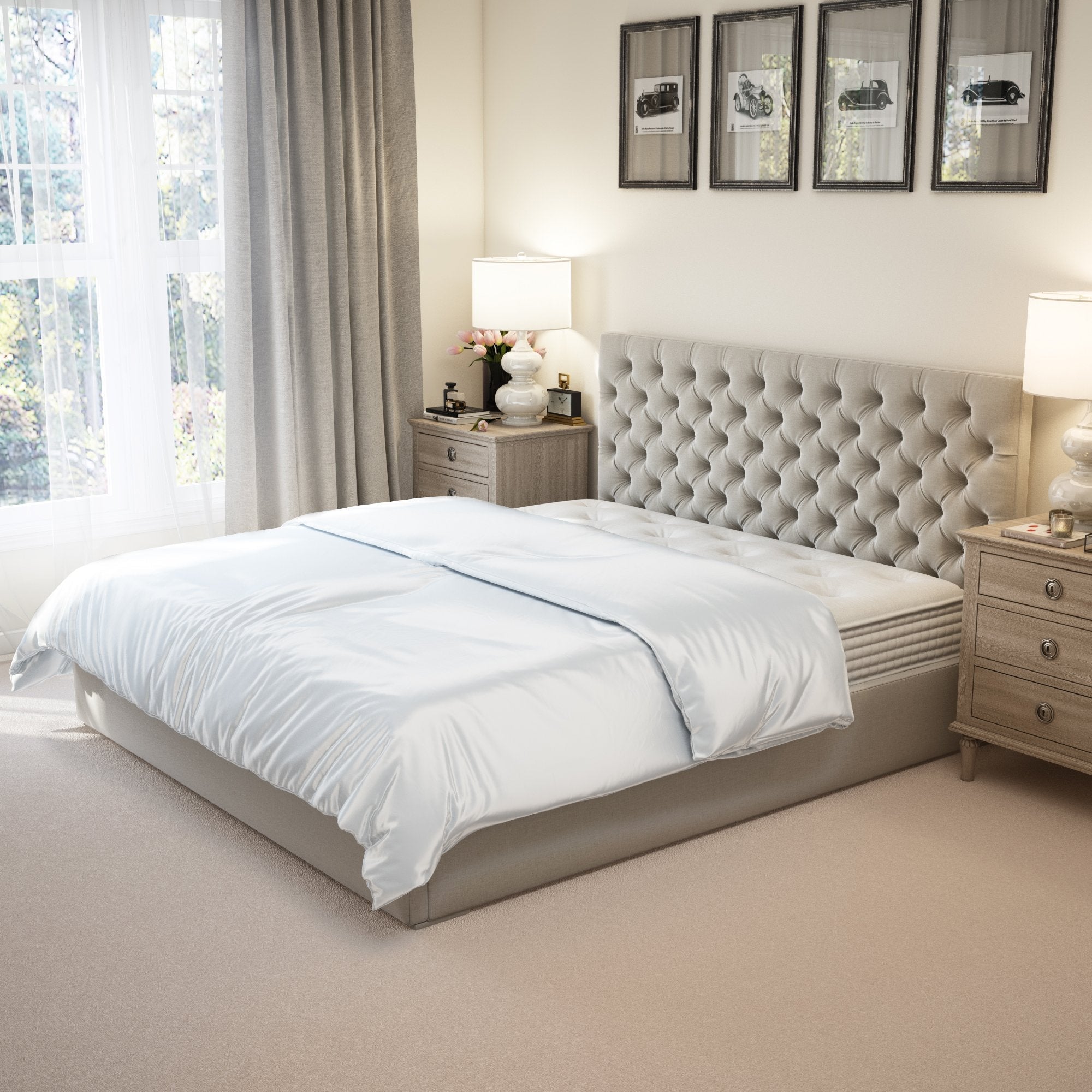 Elegant 22 Momme Silk Duvet Cover in a white color displayed on an empty bed with comforter