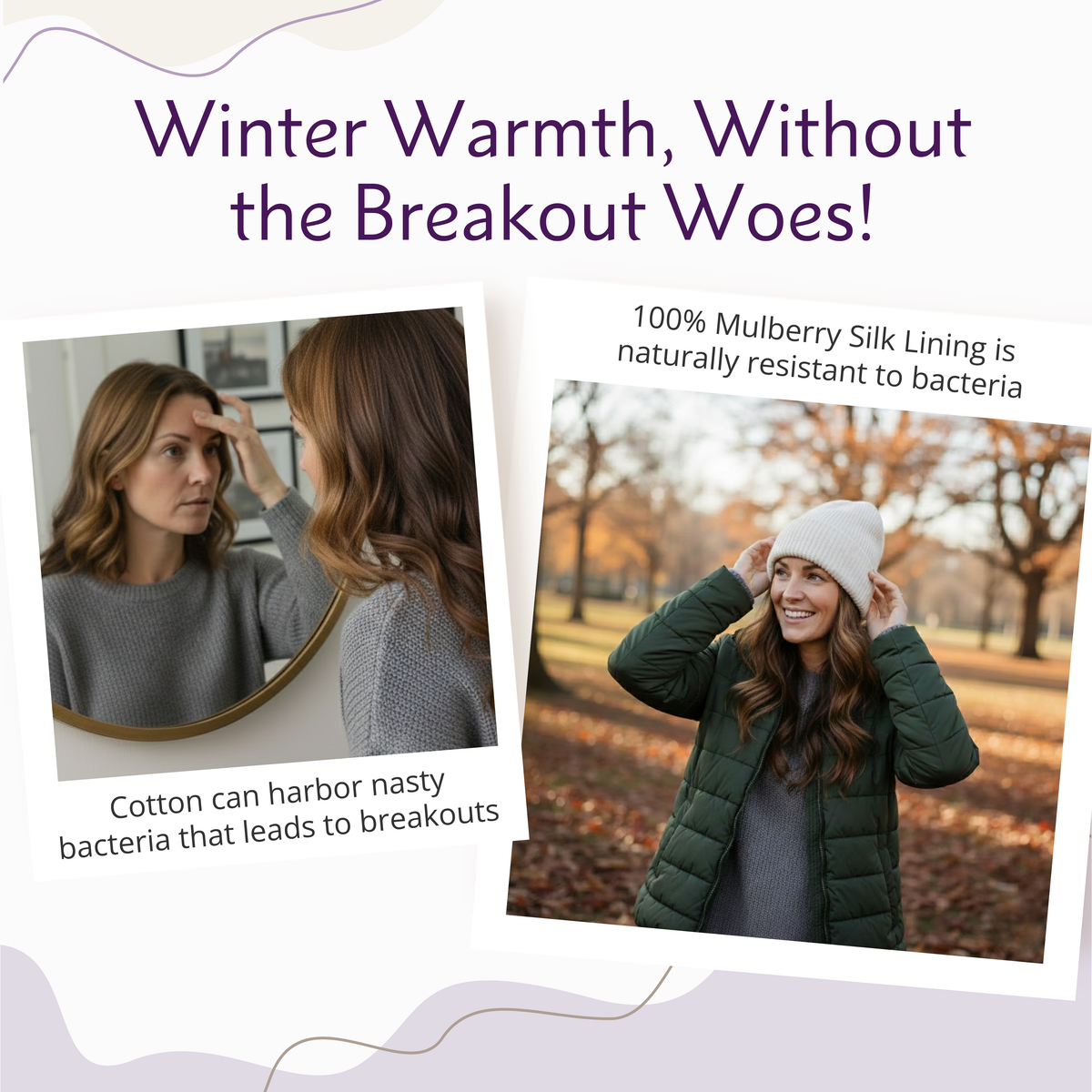 Advertisement for winter clothing with text about mulberry silk lining and bacteria resistance.