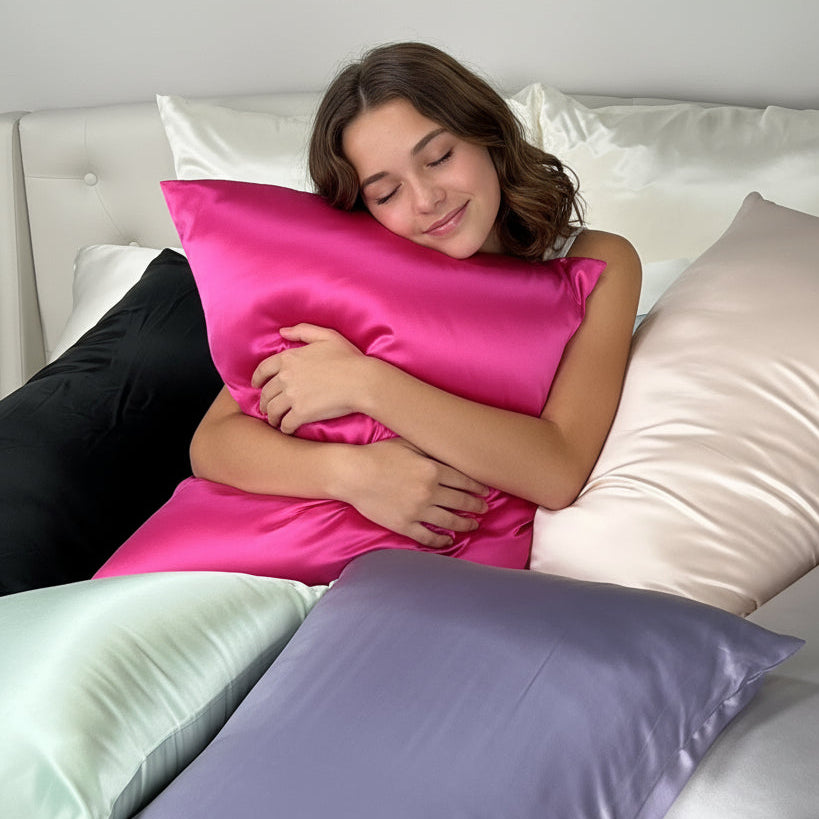 A teen girl holding a bright pink silk pillow, surrounded by various colors of silk pillows.