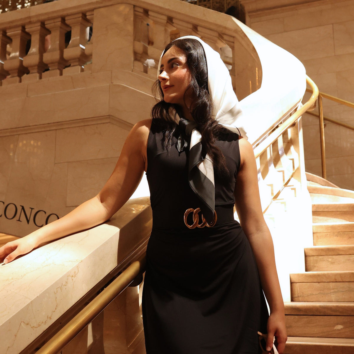 Silk Square Head Scarf - Black/Ivory