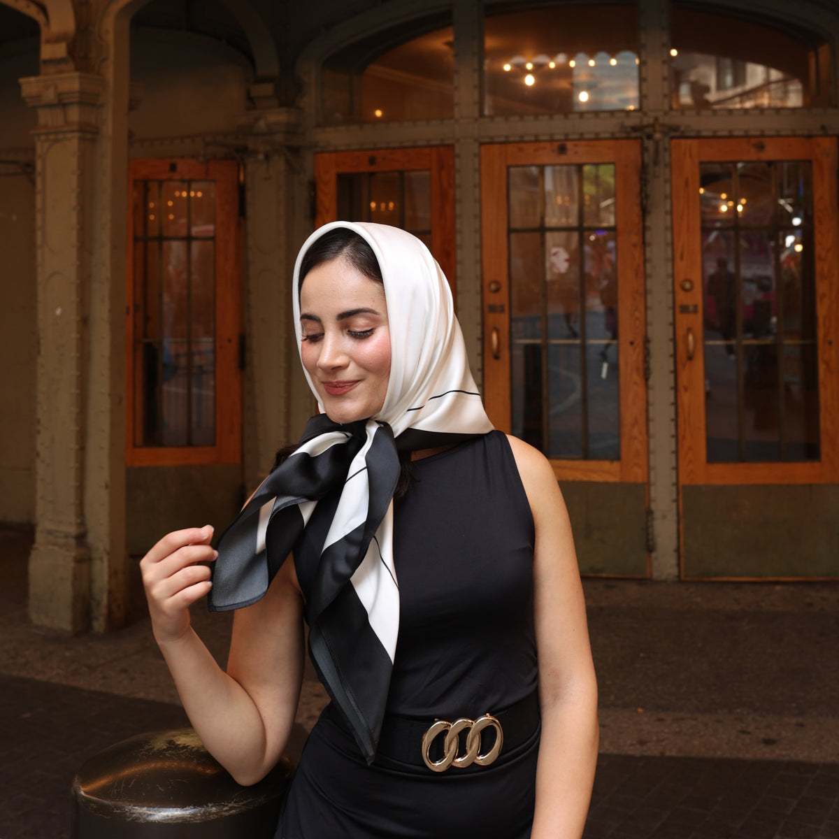 Silk Square Head Scarf - Black/Ivory