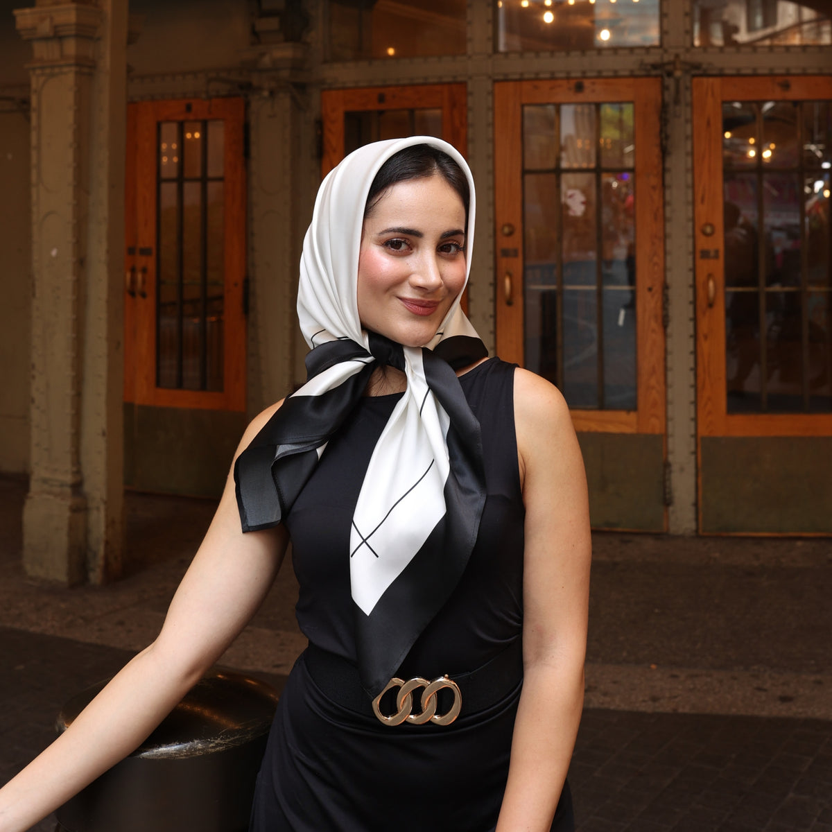 Silk Square Head Scarf - Black/Ivory