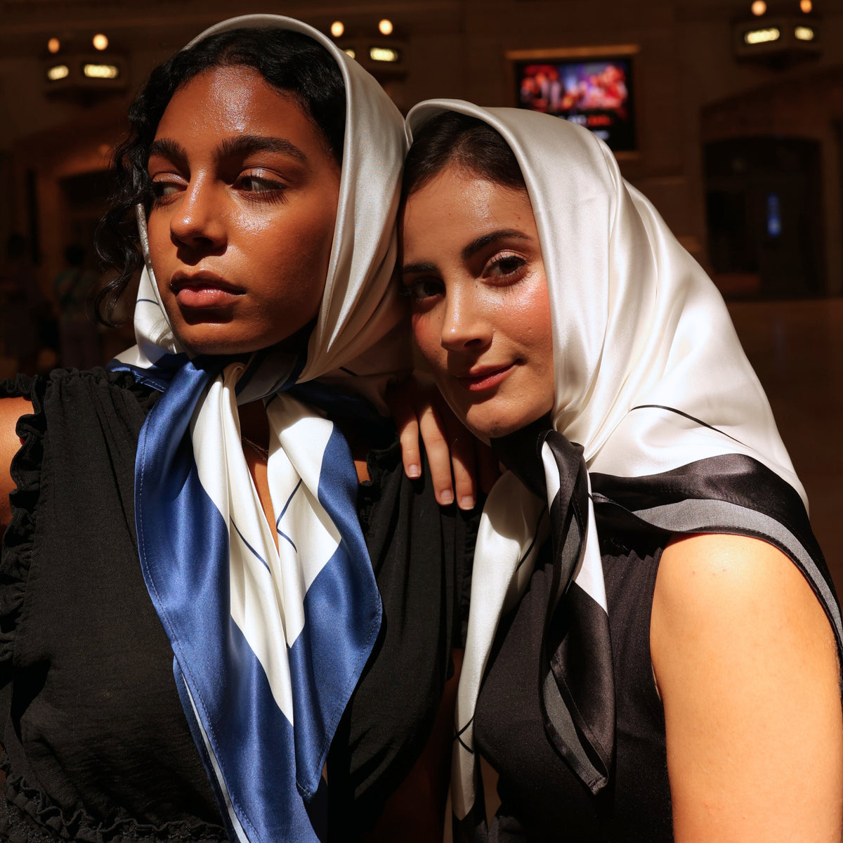 Silk Square Head Scarf - Black/Ivory