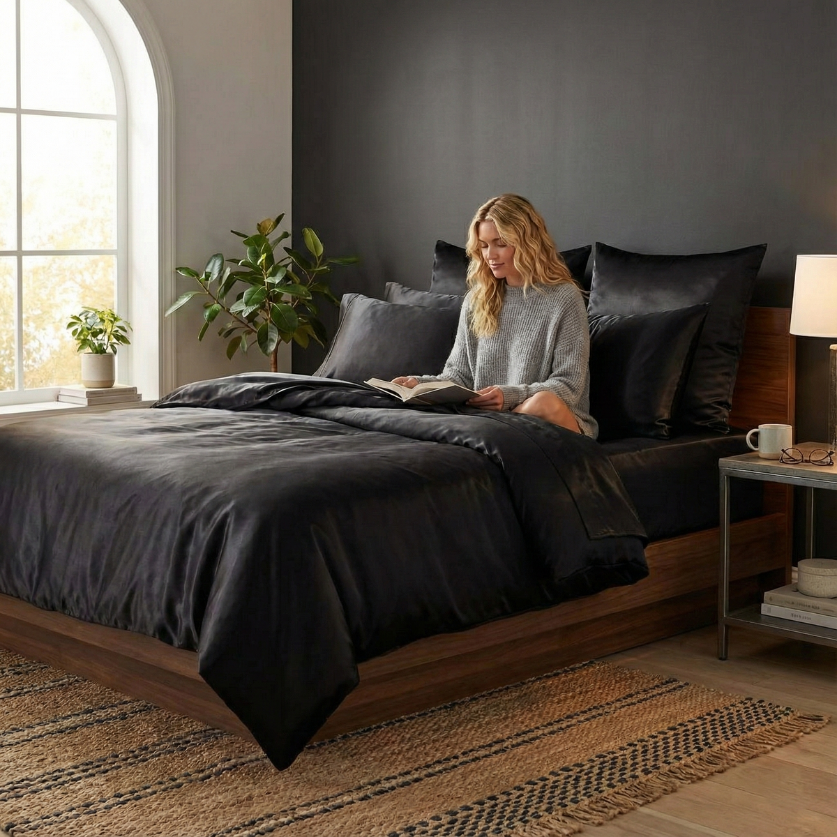 A woman is reading a book on a bed made with black silk bedding in a cozy bedroom.