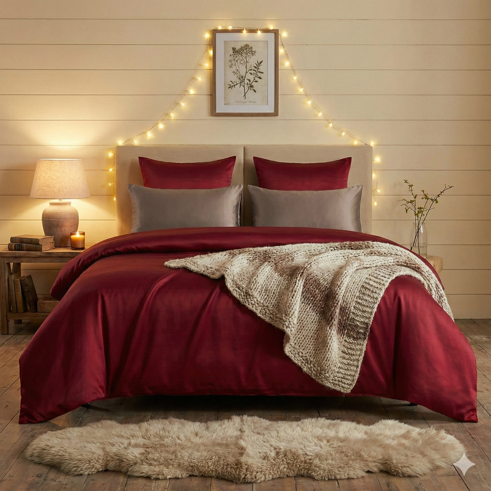 Bedroom with red silk bedding and taupe silk pillowcases, string lights, and a lamp. The room has a cozy winter feel.