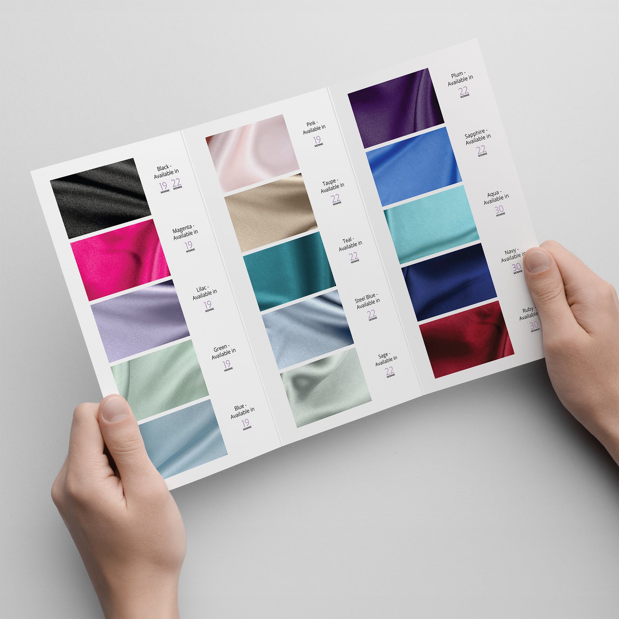 Our silk color swatch booklet allows you to see our silk colors in real life before purchasing so you can be confident in your choices and love your new silk products