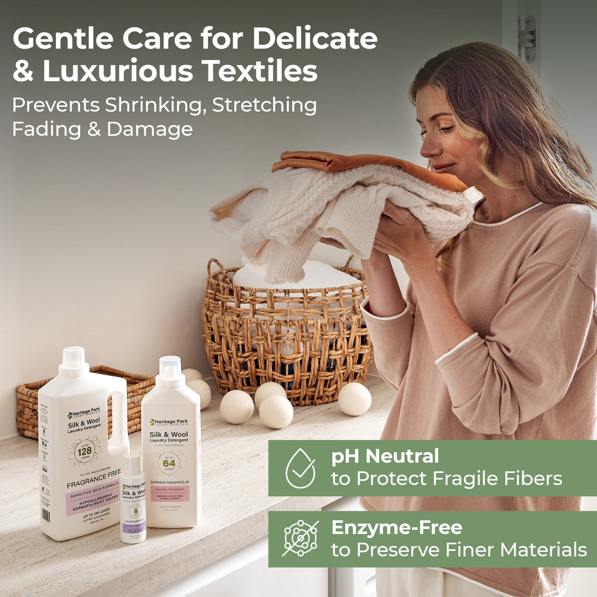 Woman holding clothing with Heritage Park Silk Wool Fragrance Free detergent bottles and text highlighting product benefits.