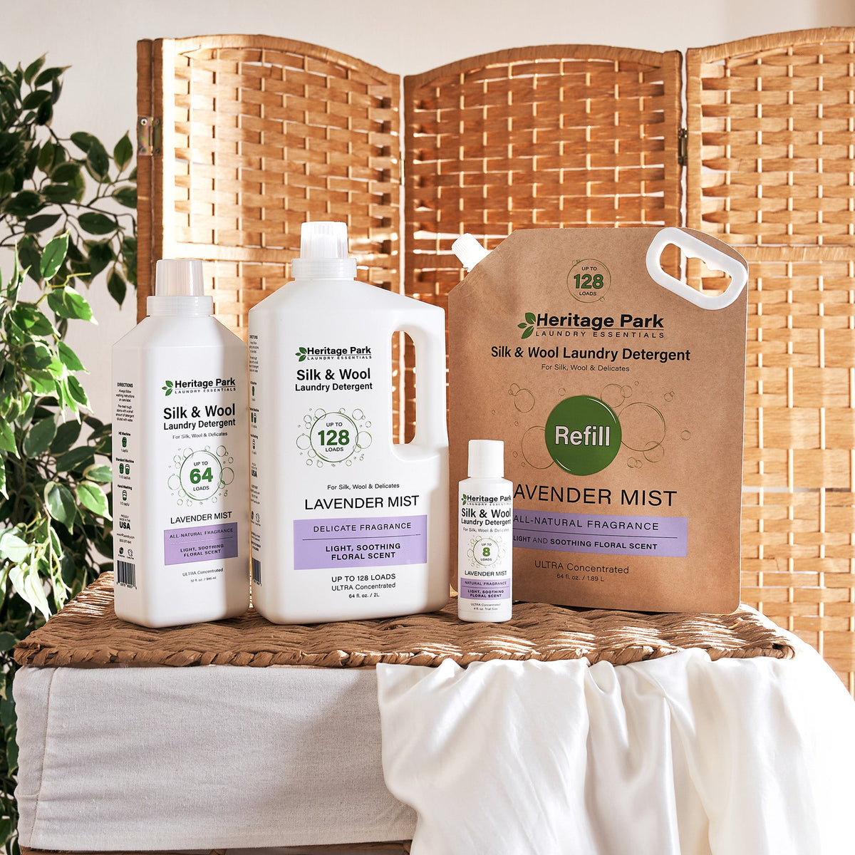 Bottle Sizes and Refill Pack of Heritage Park Luxury Silk and Wool Laundry Detergent with Lavender Mist Scent