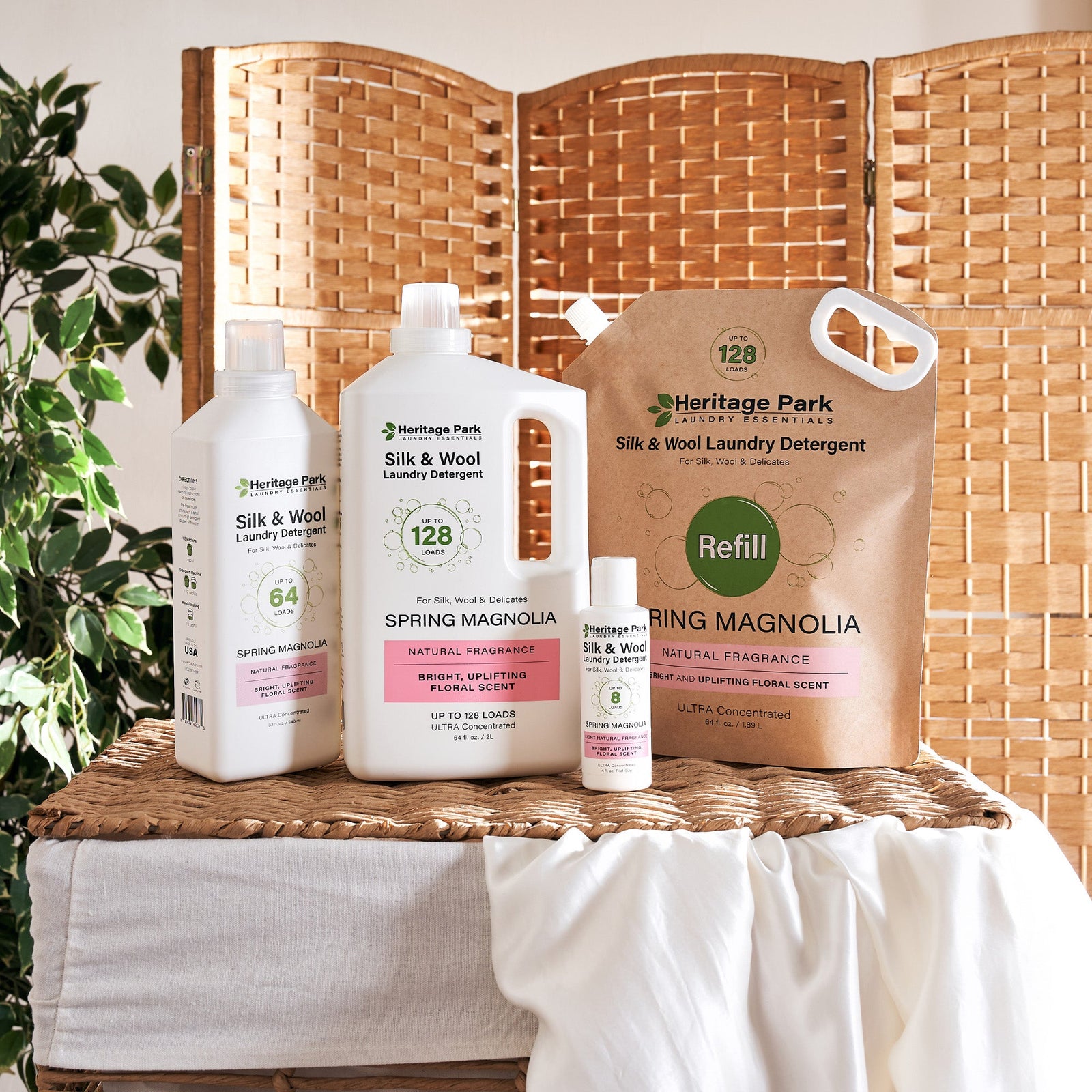 Bottle Sizes and Refill Pack of Heritage Park Luxury Silk and Wool Laundry Detergent with Spring Magnolia Scent