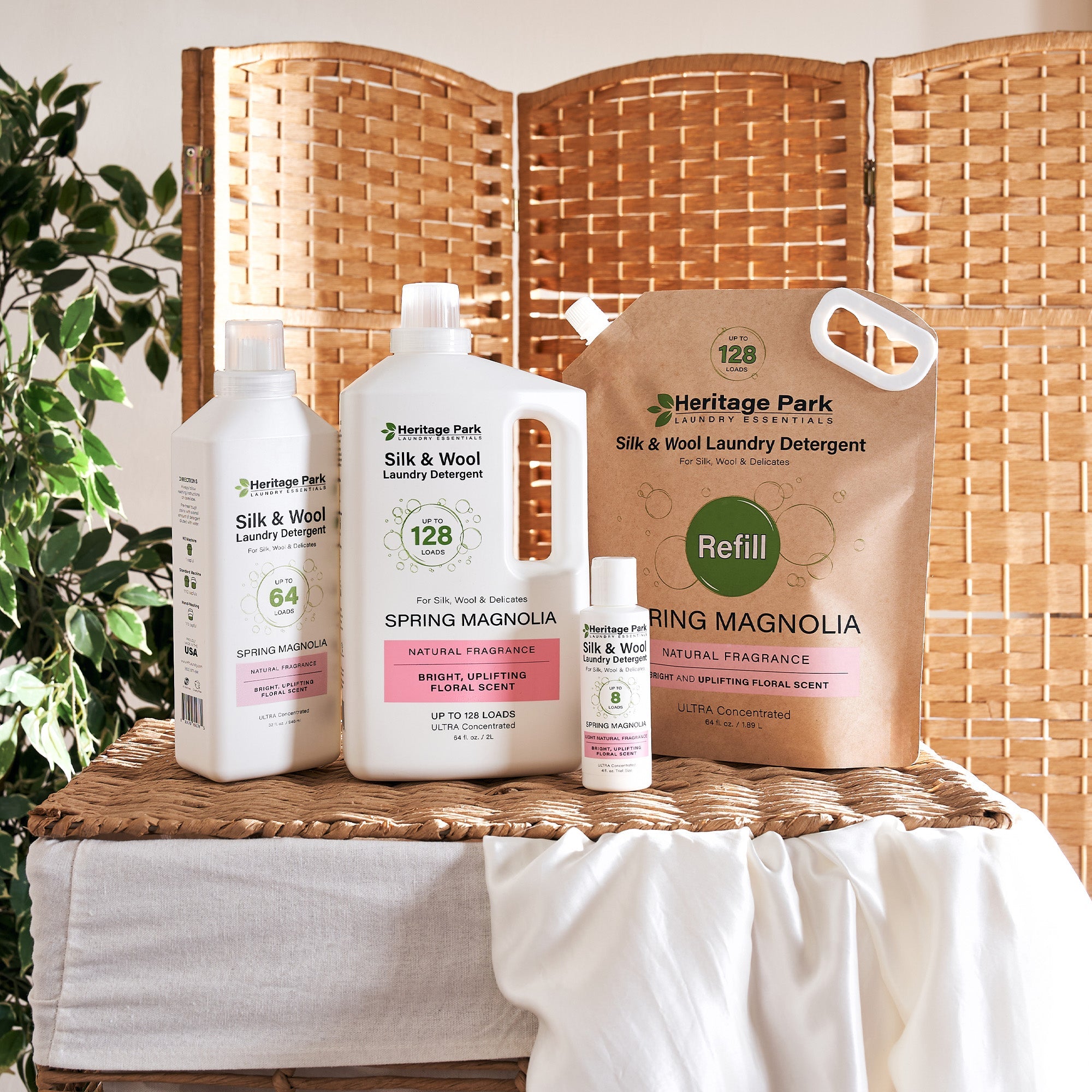 Bottle Sizes and Refill Pack of Heritage Park Luxury Silk and Wool Laundry Detergent with Spring Magnolia Scent