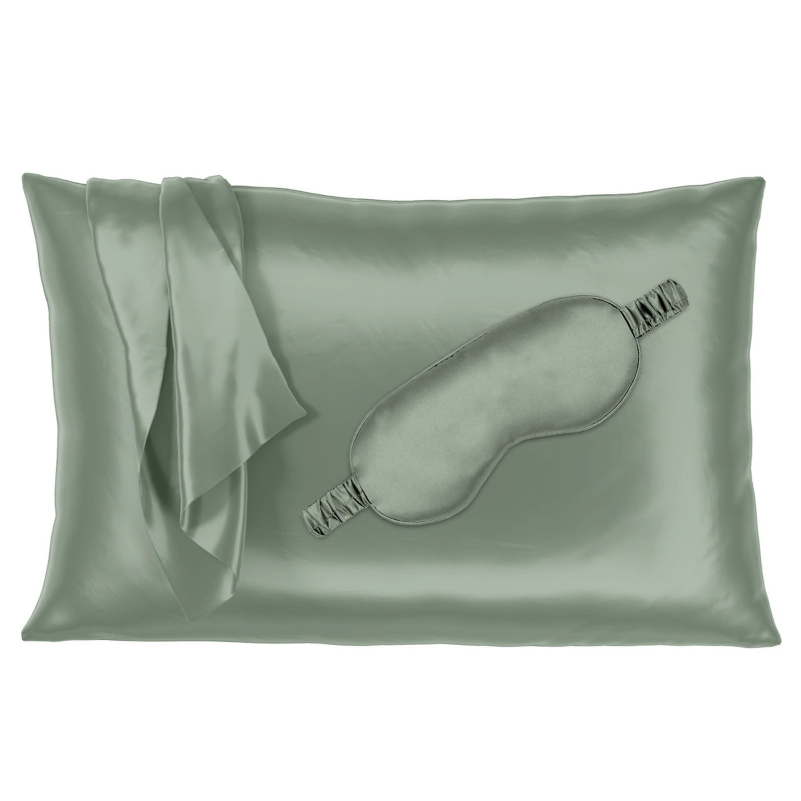 Sage silk pillowcase with matching sleep mask, offering a smooth and luxurious