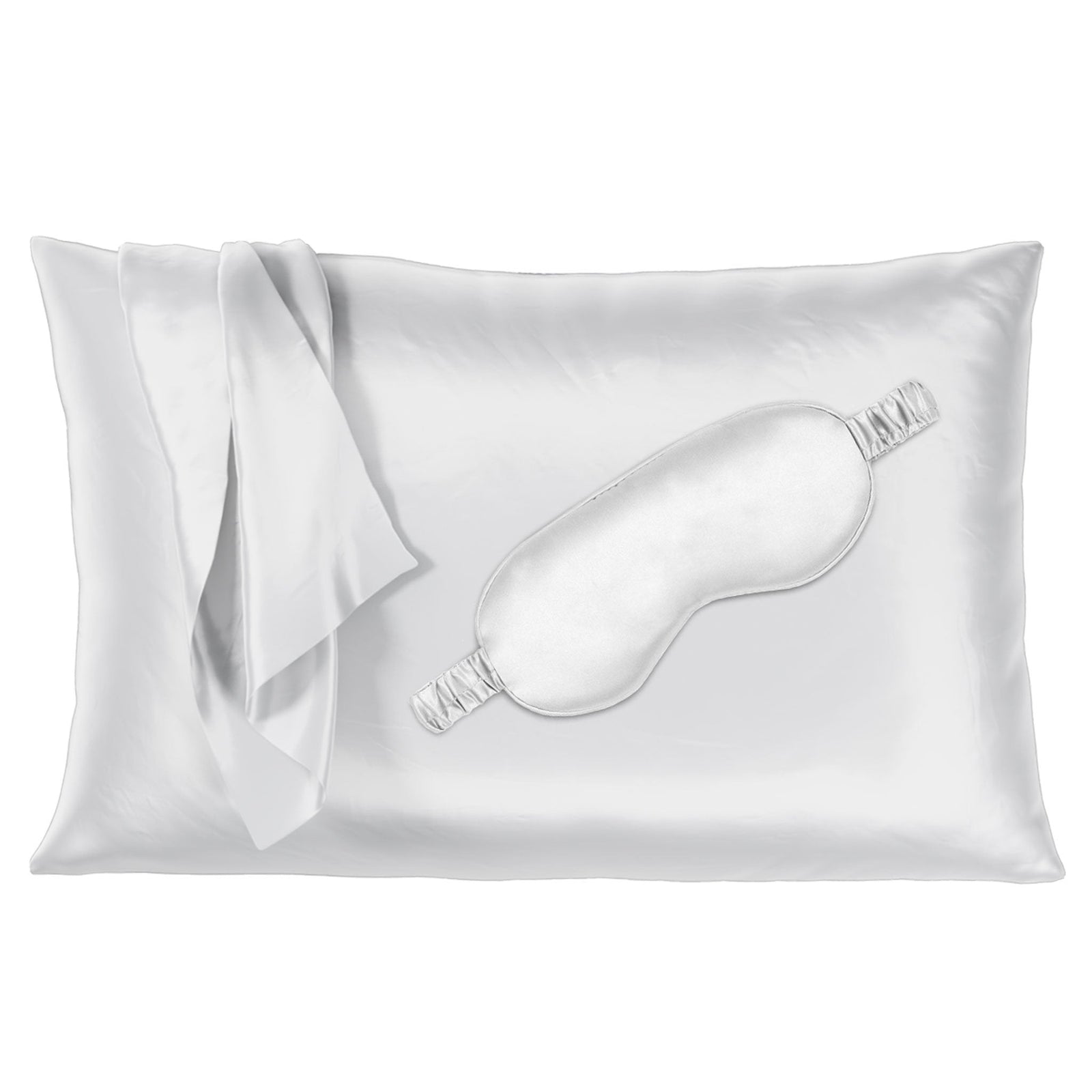 White silk pillowcase with matching sleep mask, offering a smooth and luxurious