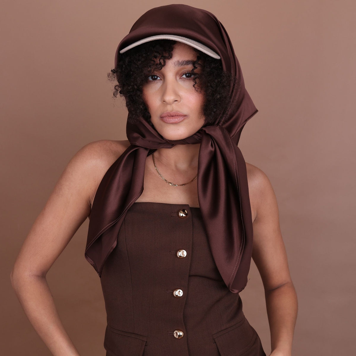 Silk Square Head Scarf - Chocolate