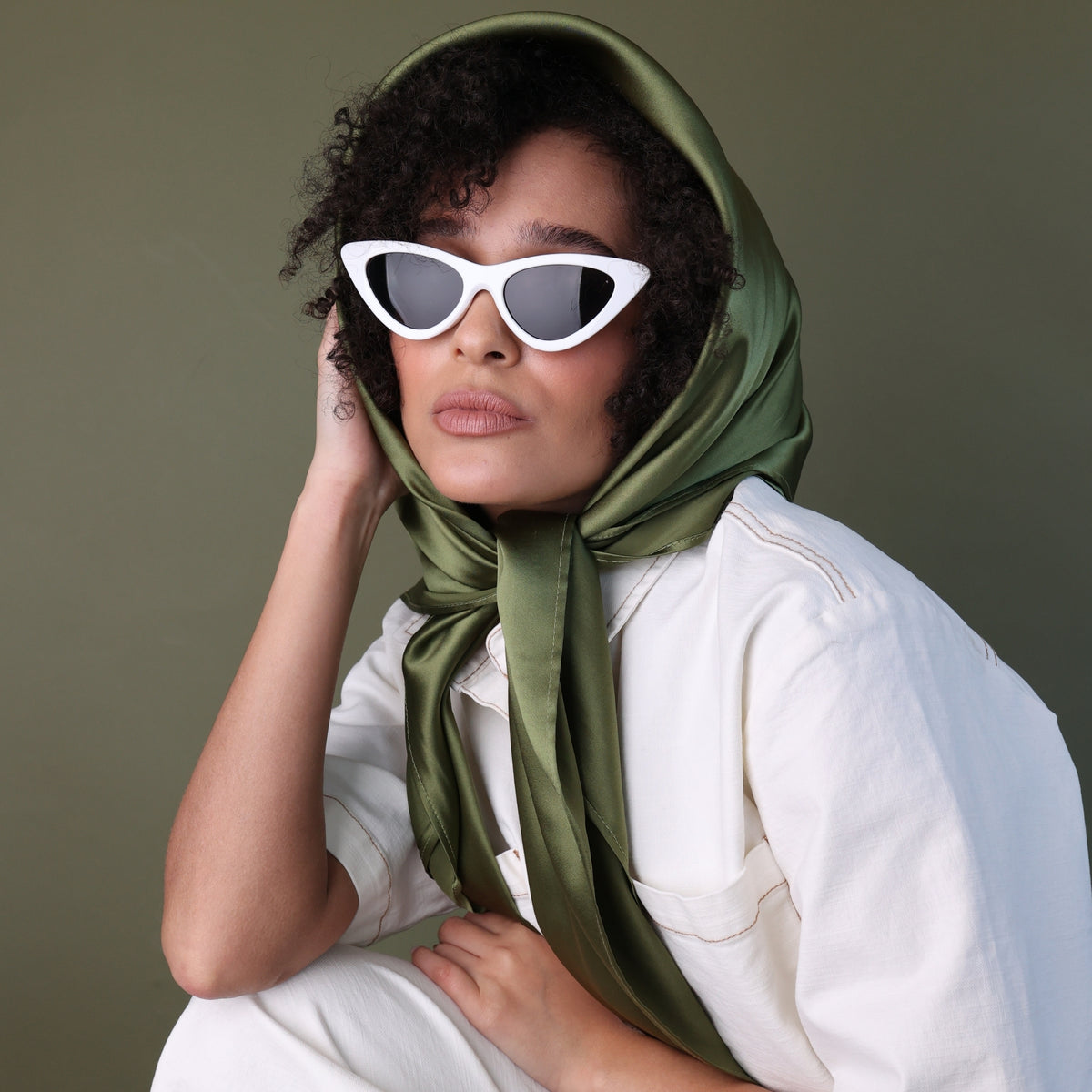 Silk Square Head Scarf - Olive