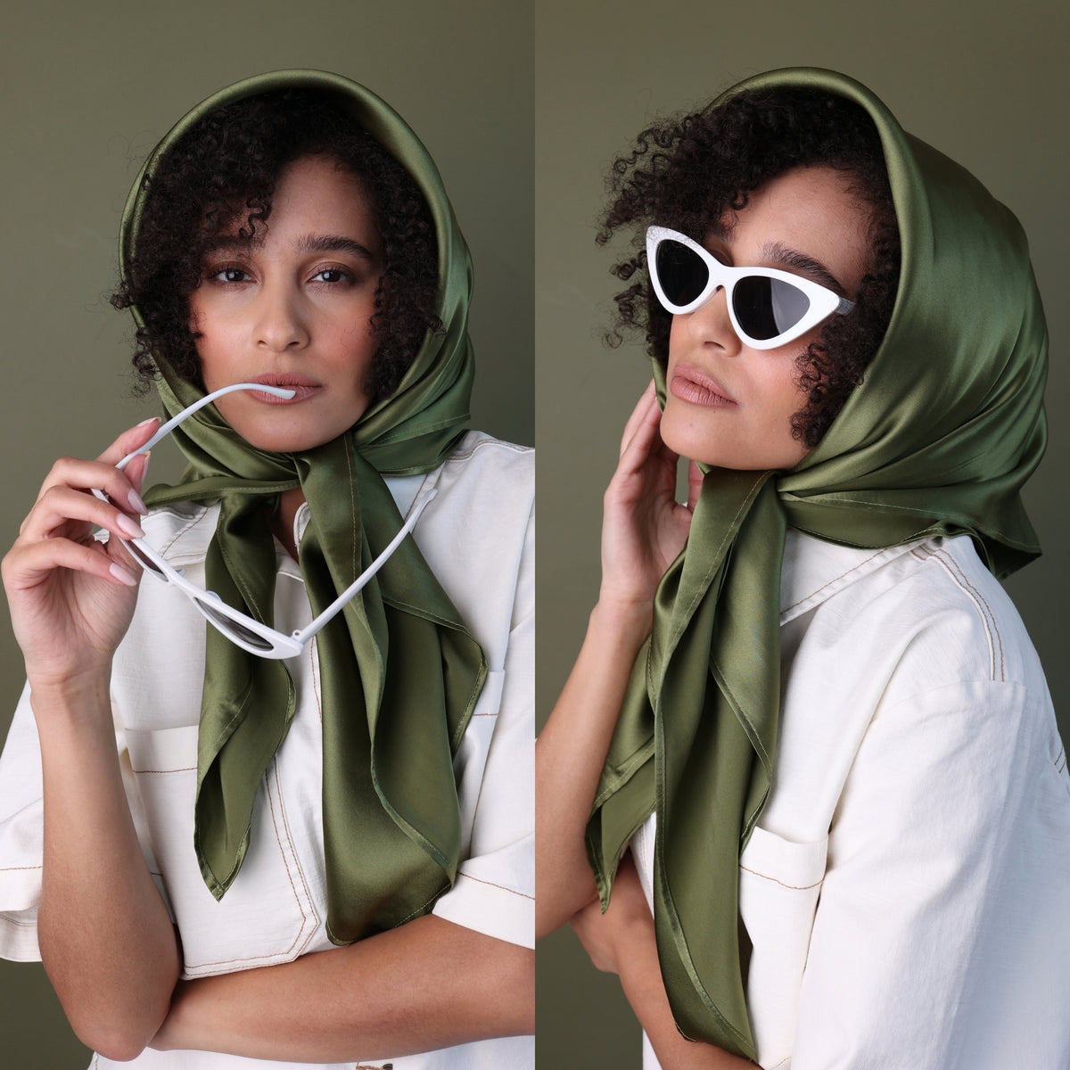 Silk Square Head Scarf - Olive