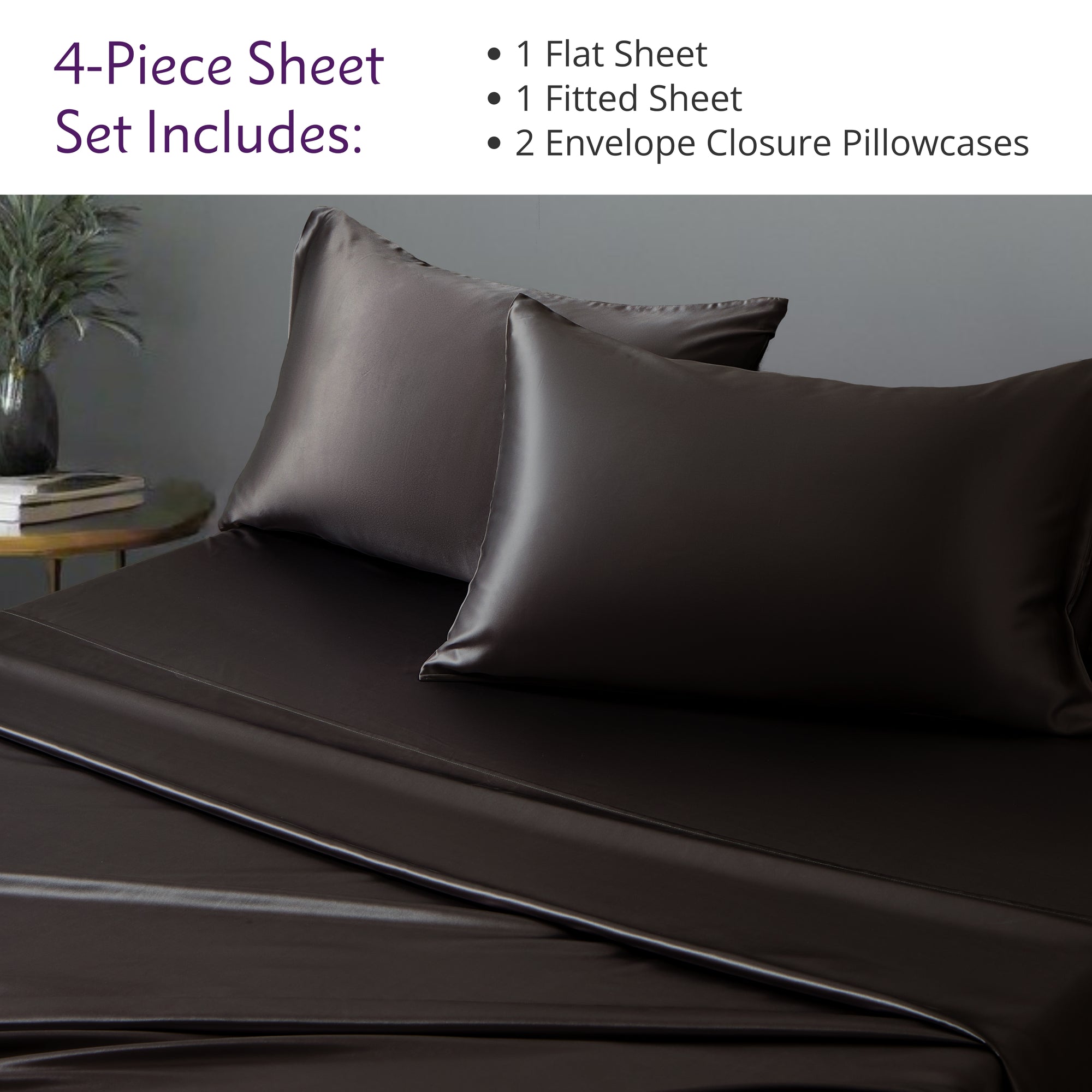 Luxurious 19 momme mulberry silk sheets with pillowcases, offering a soft, smooth, and glossy finish