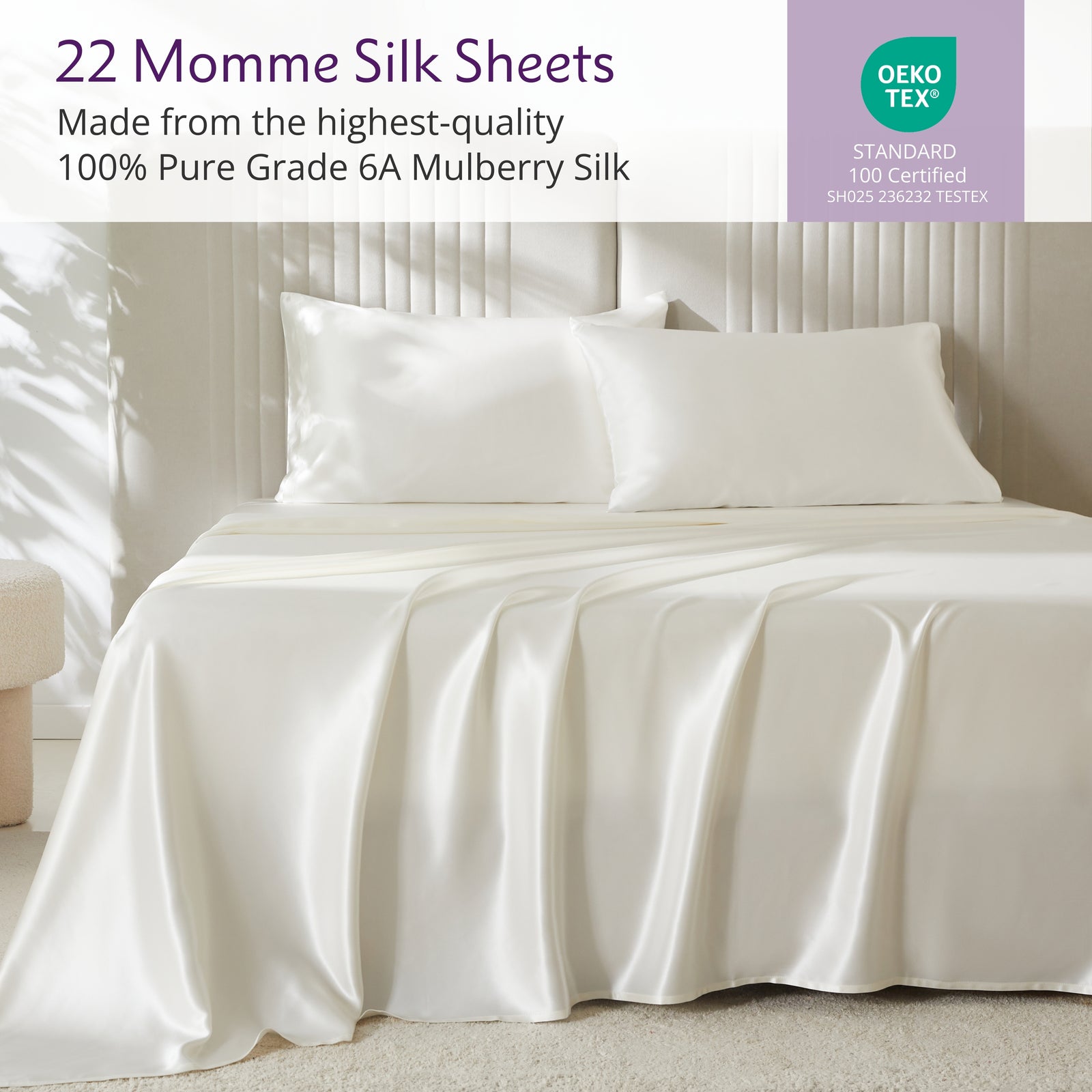 Elegant 22 Momme Silk Sheets Set in White color displayed on a beautiful bed with silk pillows