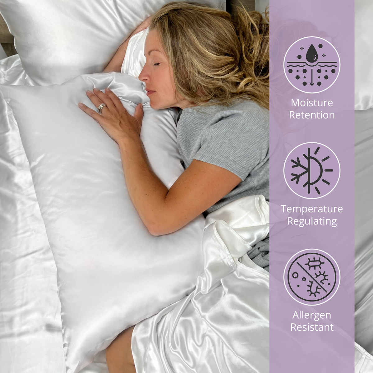 Woman sleeping on a white silk bed sheet set with matching pillow, showcasing ultimate comfort