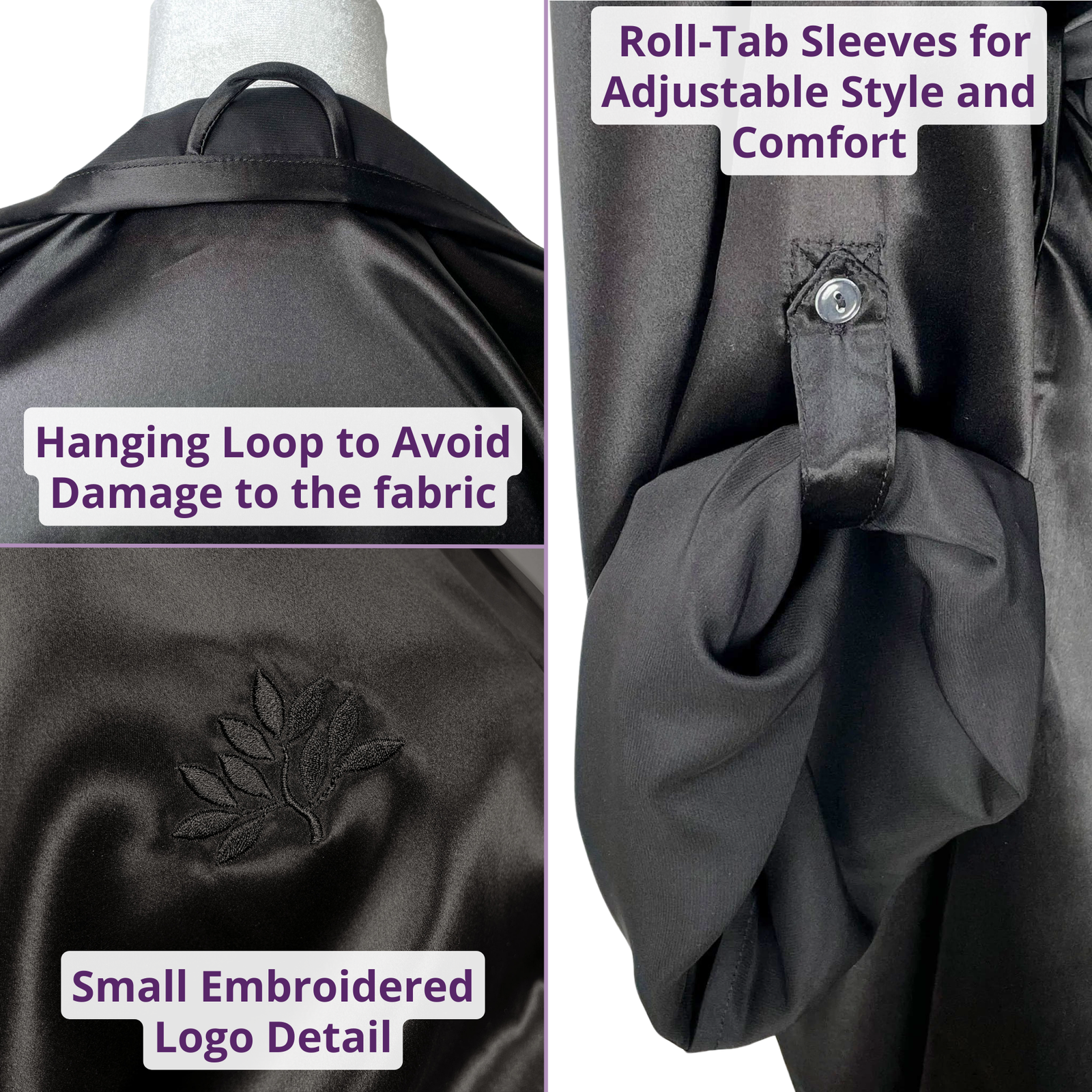 Model wearing a black female robe, showcasing the front and side views