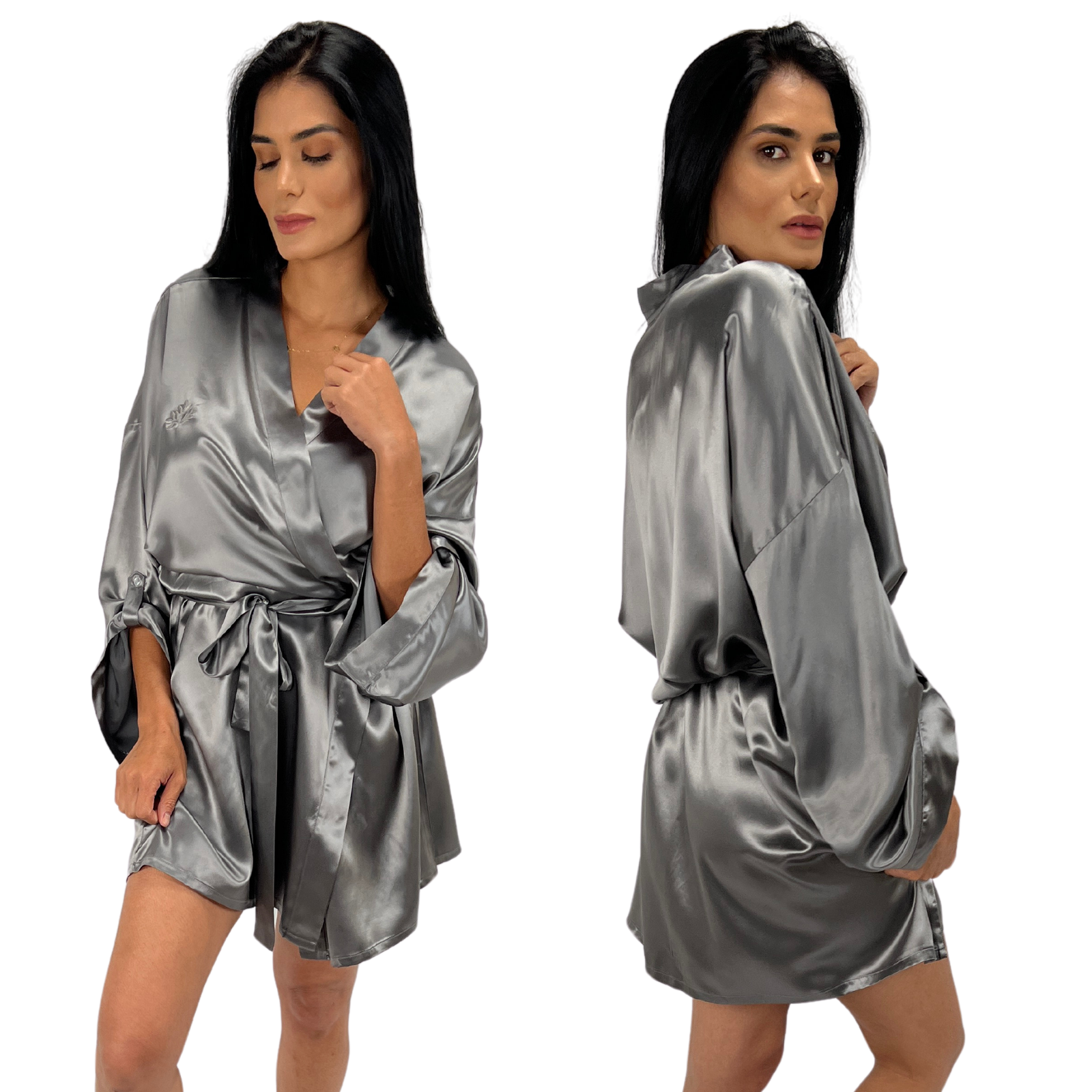 Model wearing a gunmetal female robe, showcasing to show the front and side views