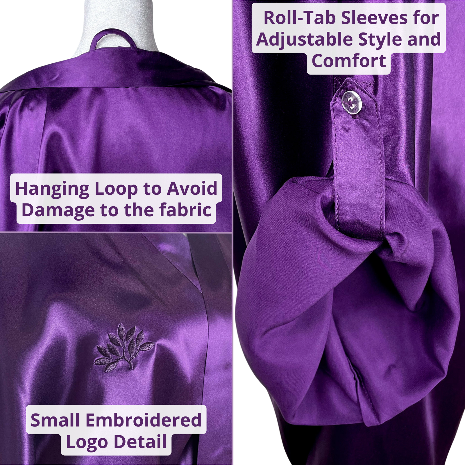 Model wearing a plum female robe, showcasing to show the front and side views 