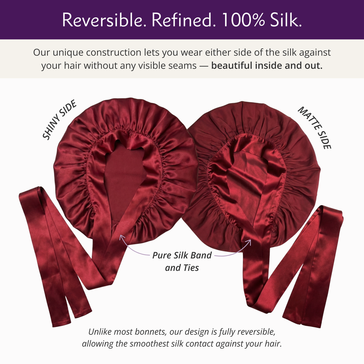 Red silk bonnets with silk band and ties on a white background, featuring text about silk quality and construction.