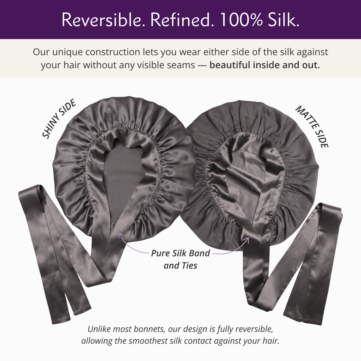 Silk bonnets with shiny and matte sides and a pure silk band and ties on a white background.