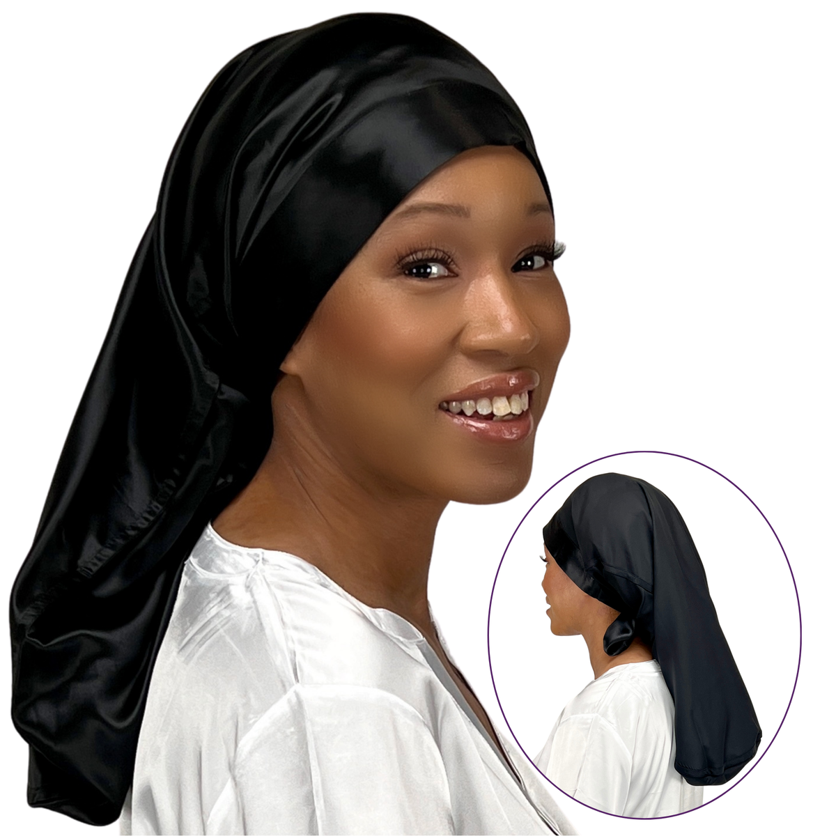 Silk Long Hair Reversible Bonnet - Black