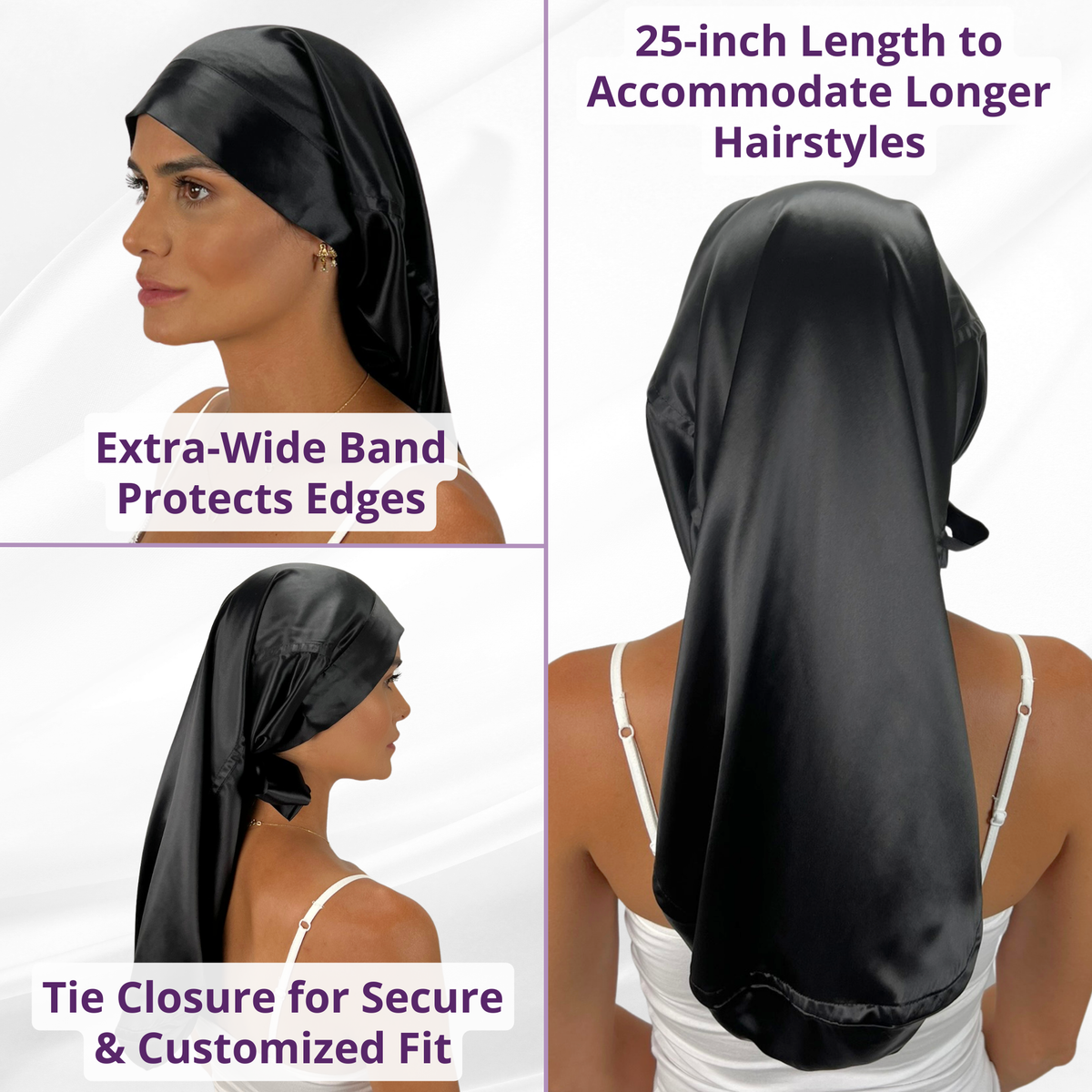 Silk Long Hair Reversible Bonnet - Black