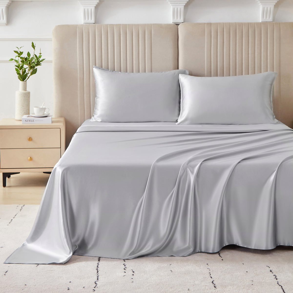 Luxurious 22 momme mulberry silk sheets with pillowcases, offering a soft, smooth, and glossy finish