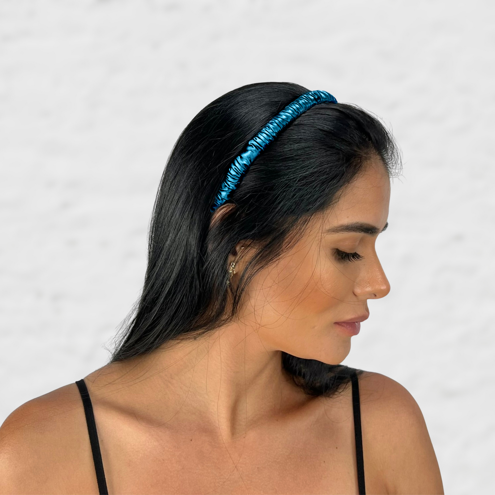Luxurious 19 Momme silk headbands for women in Marina Blue with a skinny scrunched design 