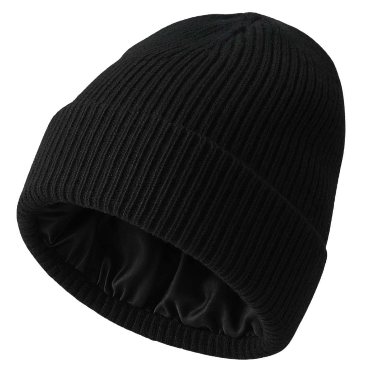 Black knit beanie on a white background