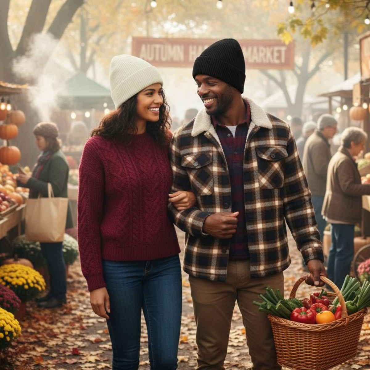 Couple walking together at an autumn farmers market with a basket of vegetables.