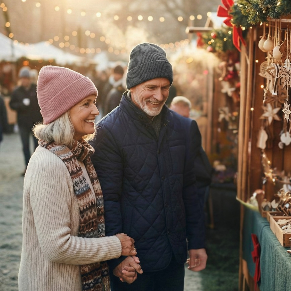 Senior couple walking together at a festive market with lights and decorations.