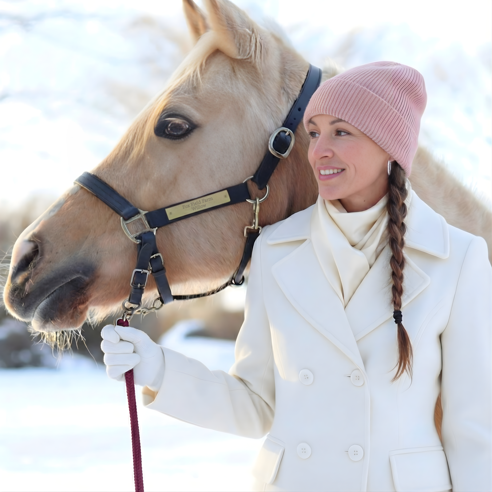 Woman in white coat and pink beanie standing next to a horse in a snowy setting