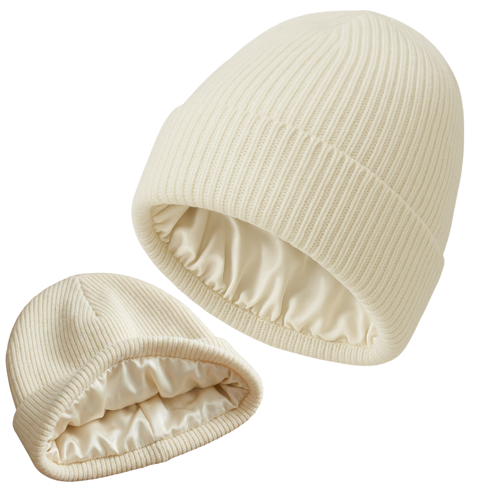 Woman in an ivory coat and beanie standing on a city street.