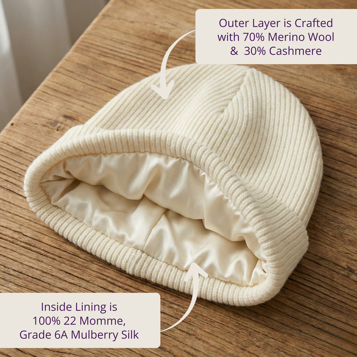 Folded cream-colored fabric on a wooden surface with text about material composition.