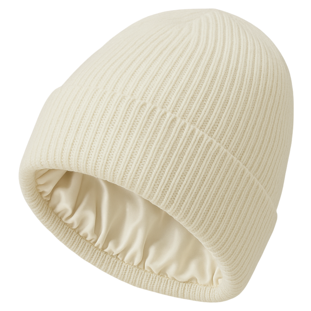 Ivory knit beanie on a white background