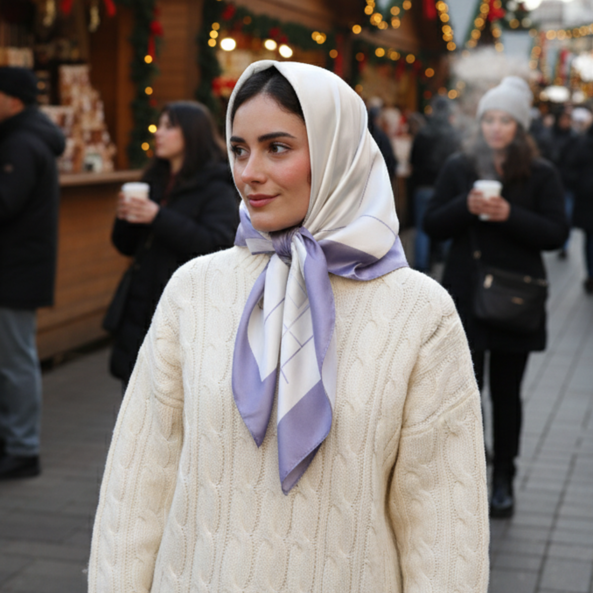 Silk Square Head Scarf - Lilac/Ivory