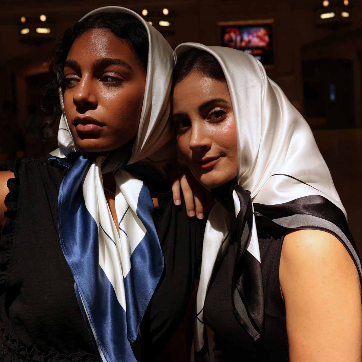 Silk Square Head Scarf - Navy/Ivory