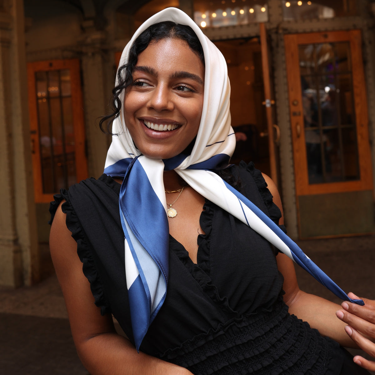 Silk Square Head Scarf - Navy/Ivory