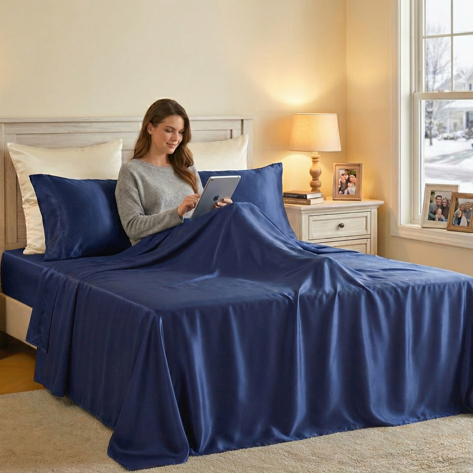 Woman using a tablet on a bed with blue silk sheets in a cozy bedroom.