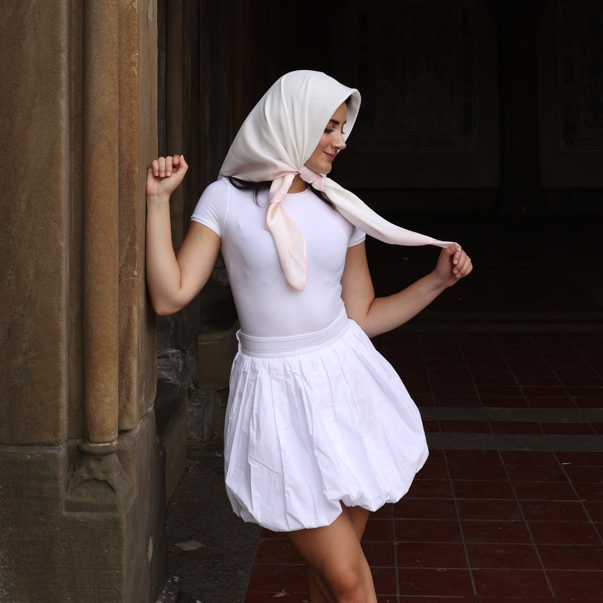 Silk Square Head Scarf - Pink/Ivory