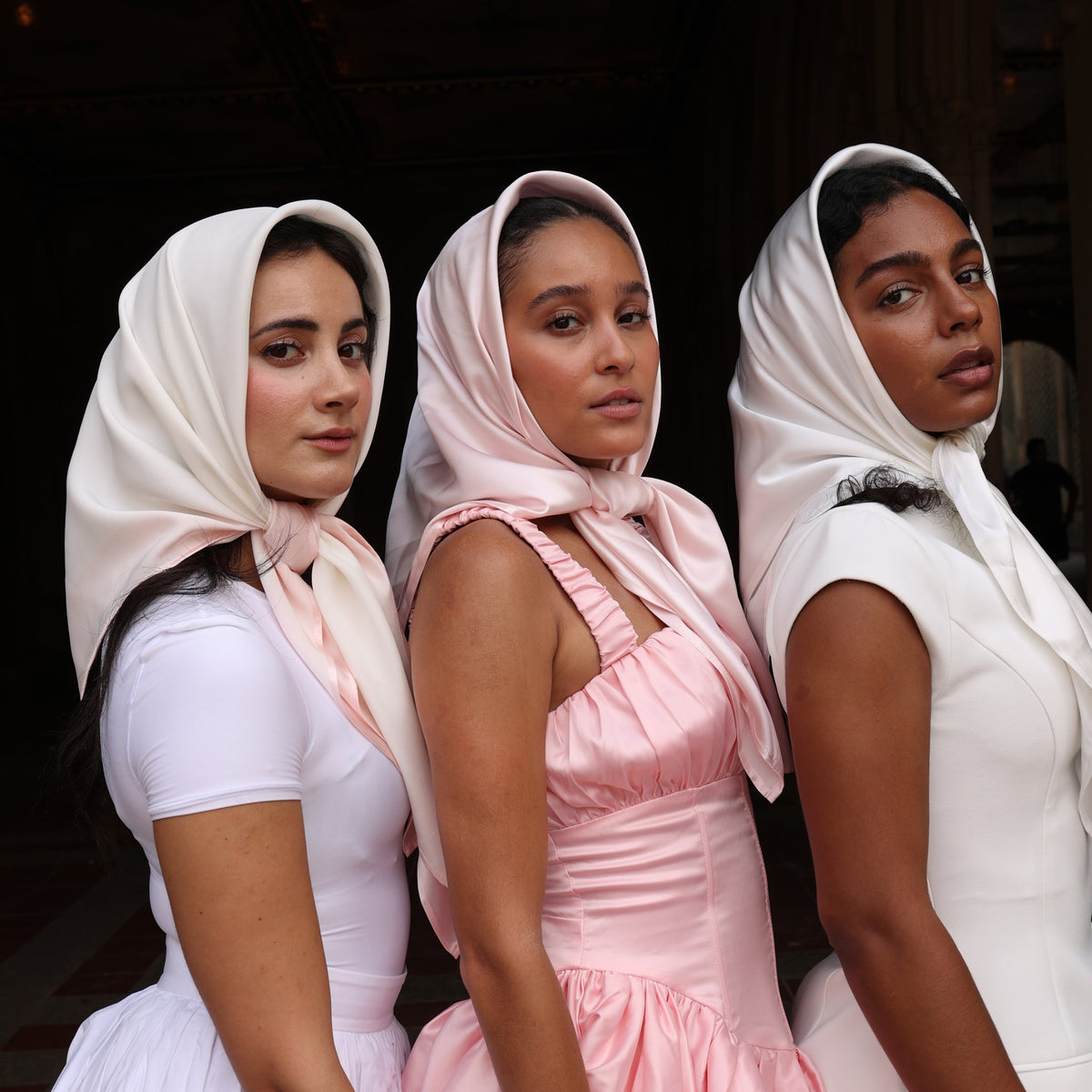 Silk Square Head Scarf - Pink/Ivory