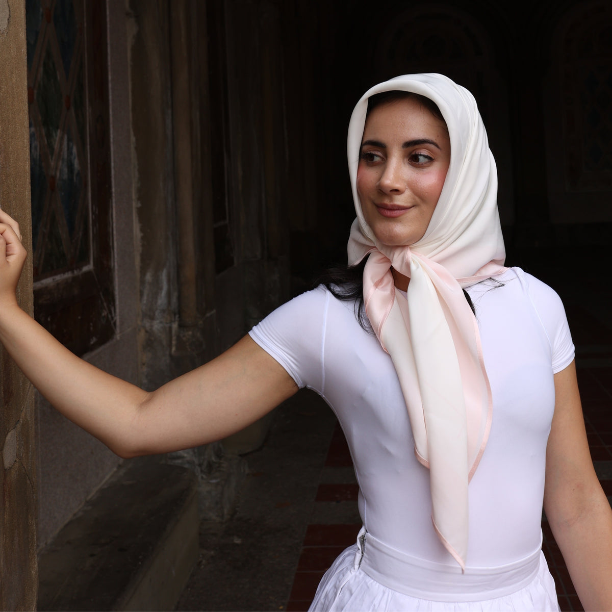 Silk Square Head Scarf - Pink/Ivory