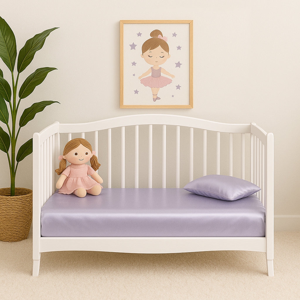 White crib with lavender light purple silk crib sheet on the mattress, a pillow, and doll in a room with a plant and framed picture.