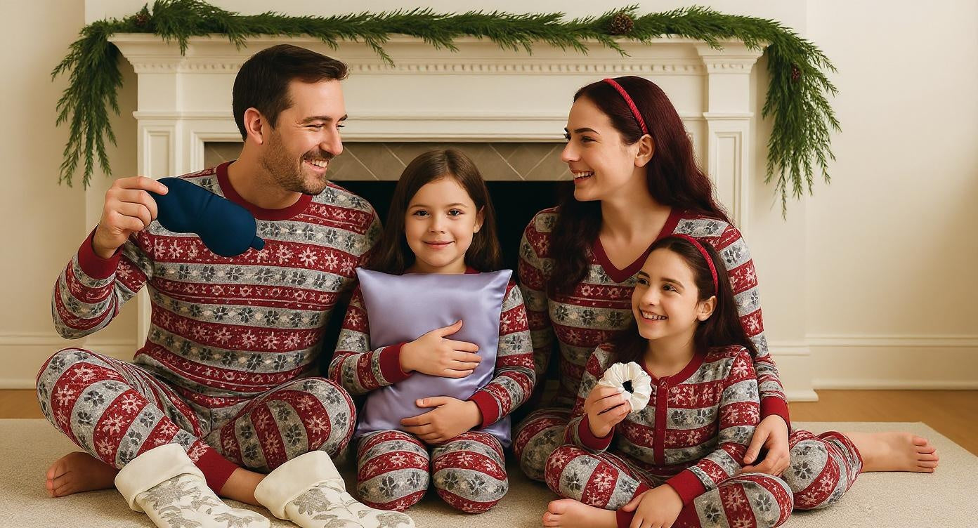 Family of four in matching pajamas sitting in front of a fireplace with Christmas decorations, holding silk gifts